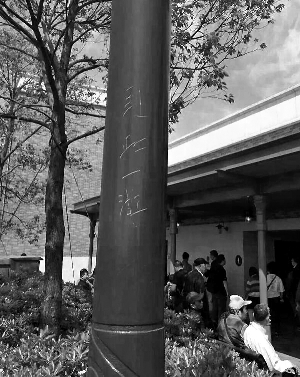 上海迪士尼小鎮燈柱被刻&ldquo;到此一游&rdquo;。