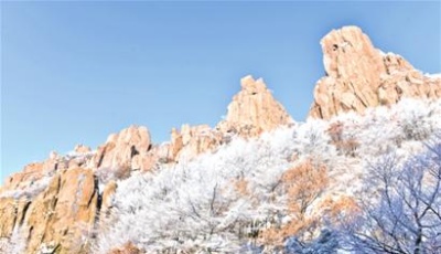 嶗山巨峰迎來今冬首場霧凇