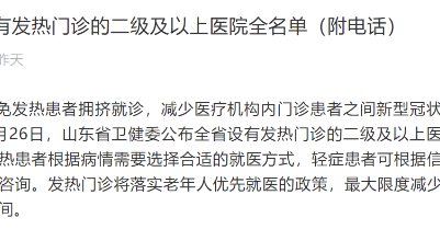 山東設有發熱門診的二級及以上醫院全名單（附電話）