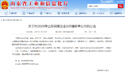 2020年山東民營企業100強榜單公示