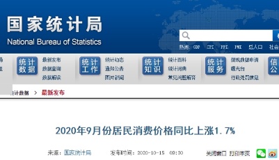 9月份居民消費價格同比上漲1.7%