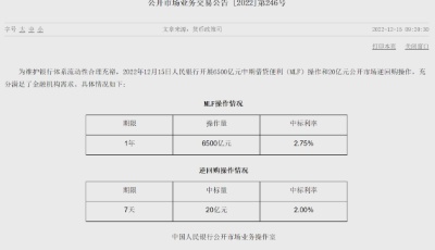 央行开展6500亿元MLF操作 利率不变
