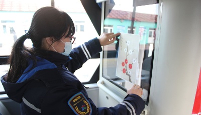 公交车上放数九梅花图 青岛温馨巴士营造“春天”主题车厢